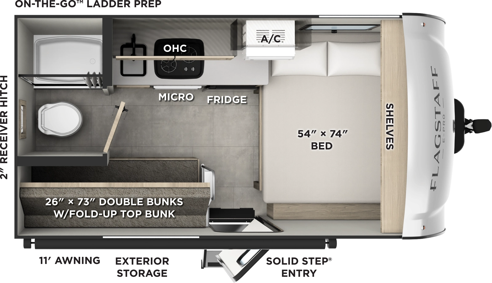 The Flagstaff E-Pro E13LE floorplan has one entry and zero slide outs. Exterior features include: fiberglass exterior and 11' awning. Interiors features include: bunk beds and front bedroom.